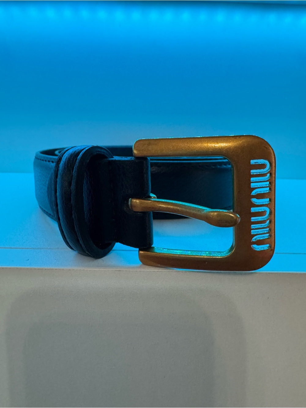 Miu Miu Black Leather Belt with Gold-Tone Logo Buckle